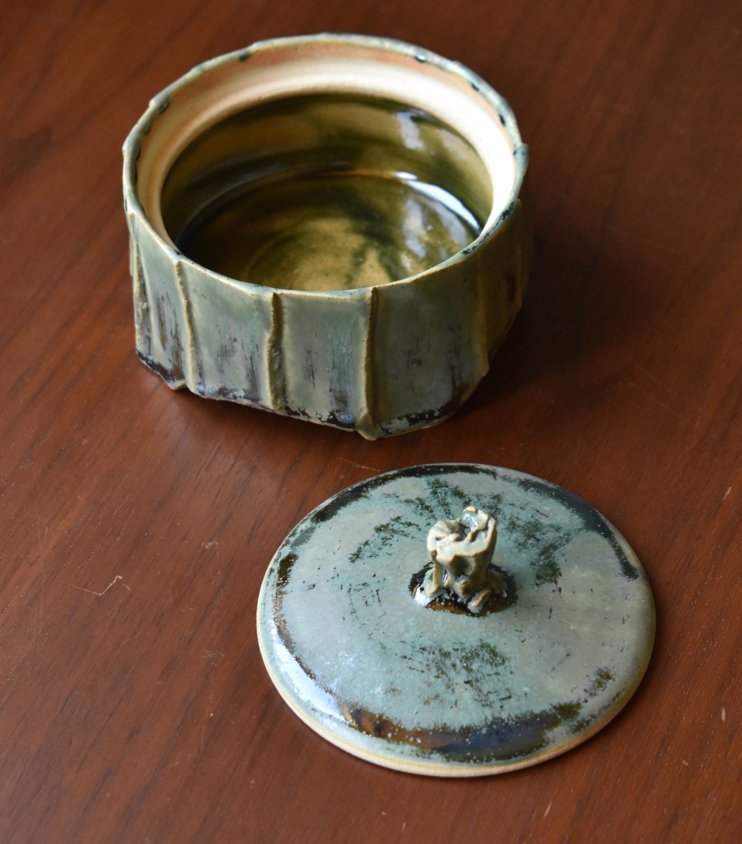 Carved Lidded Jar - Green Algae