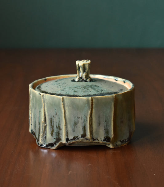 Carved Lidded Jar - Green Algae